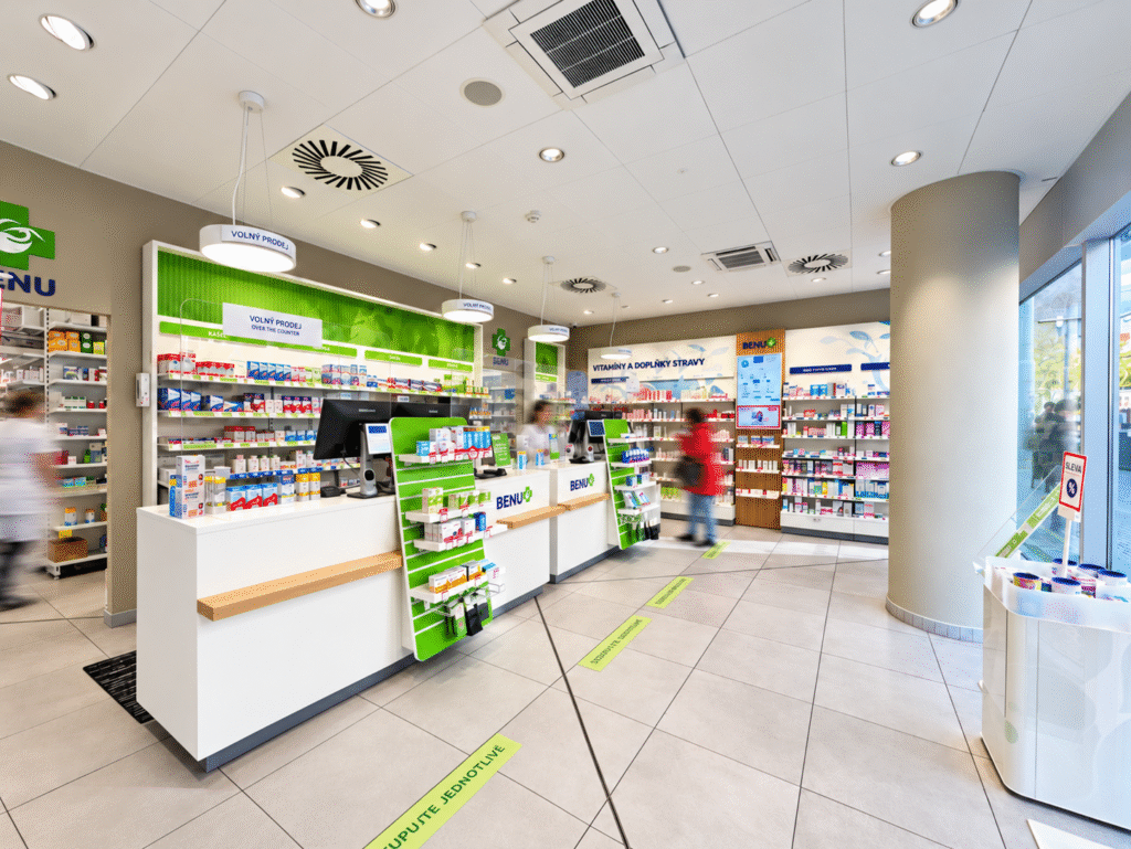 Interior of BENU Pharmacy at Palác Anděl with dispensing counters, Prague 5.