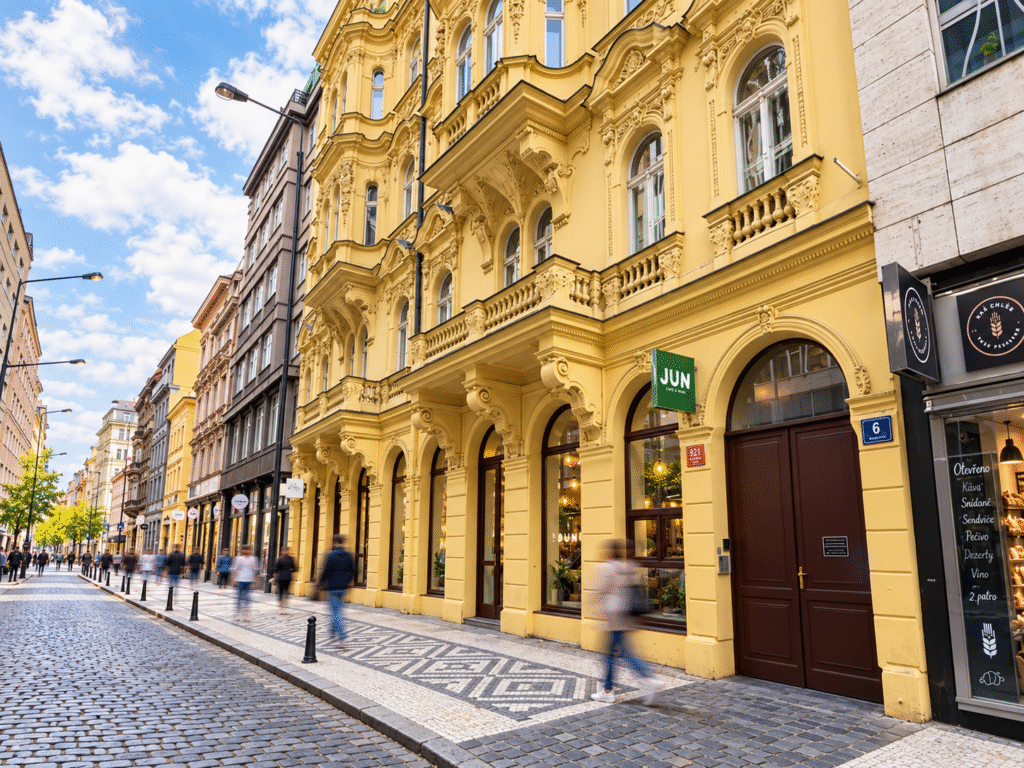 Historic building with JUN Matcha Bar at Opletalova 921/6, Prague 1.