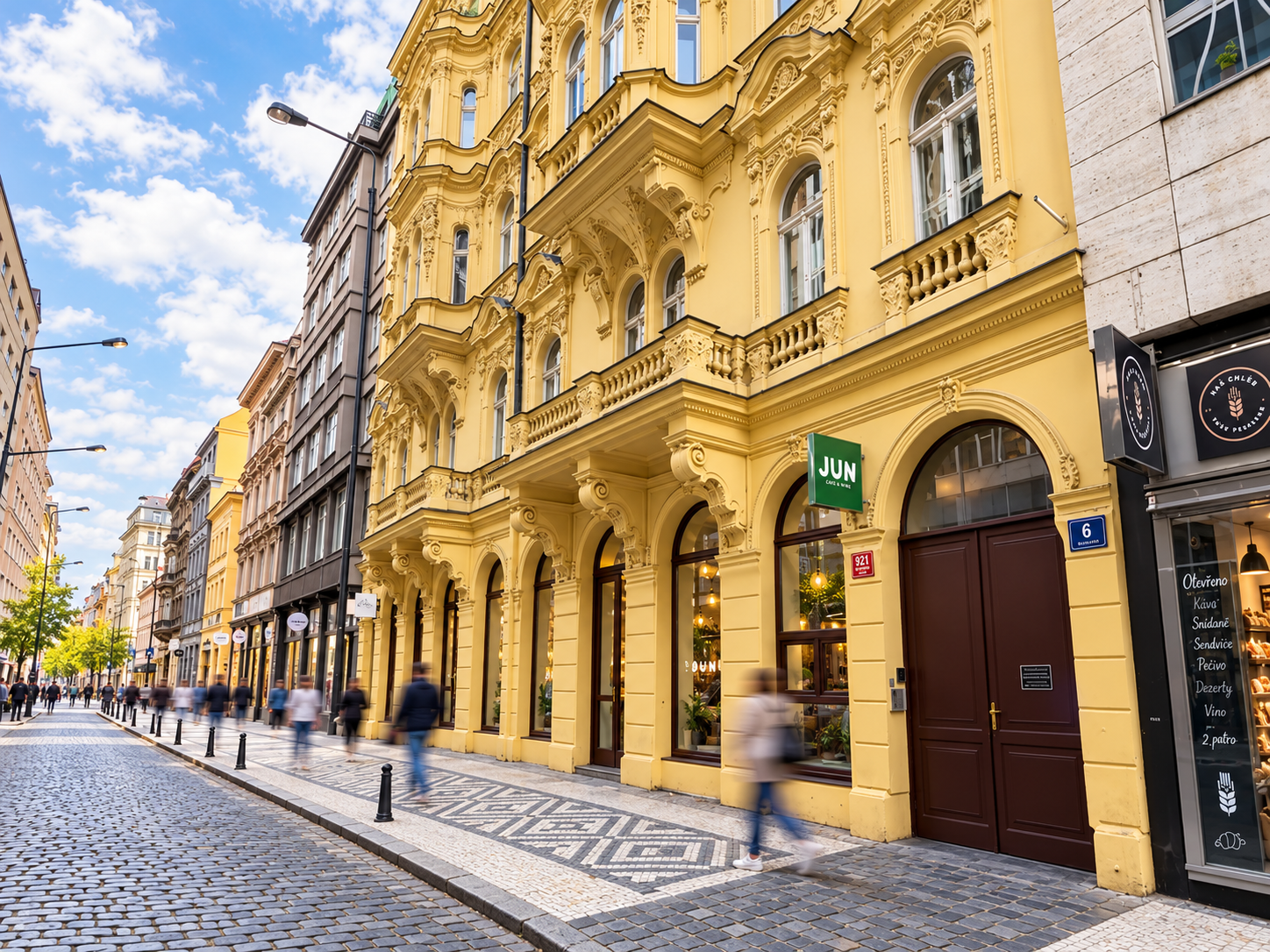 Historic building with JUN Matcha Bar at Opletalova 921/6, Prague 1.