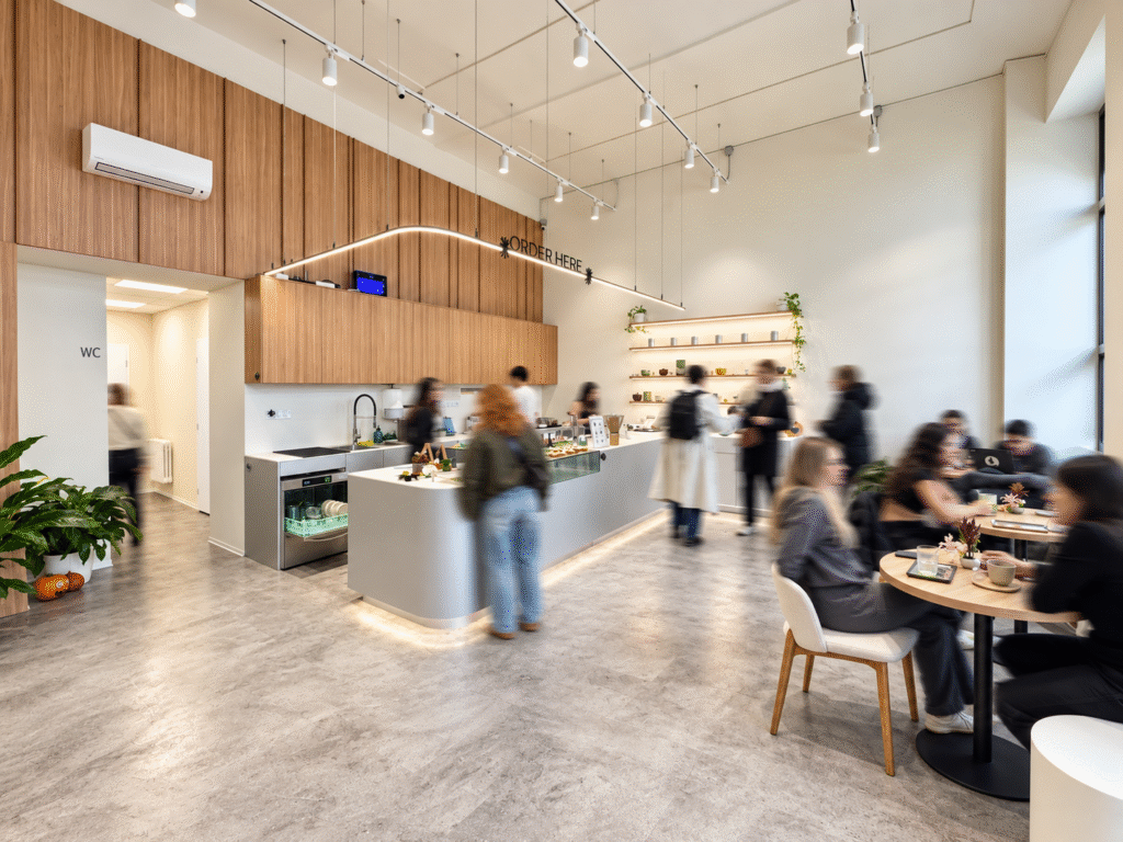 Interior of JUN Matcha Bar with the counter and seating area, Prague 1.