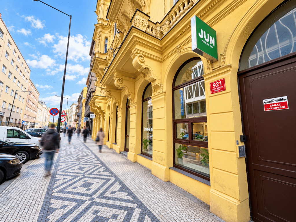 Entrance and storefront of JUN Matcha Bar on Opletalova Street, Prague 1.